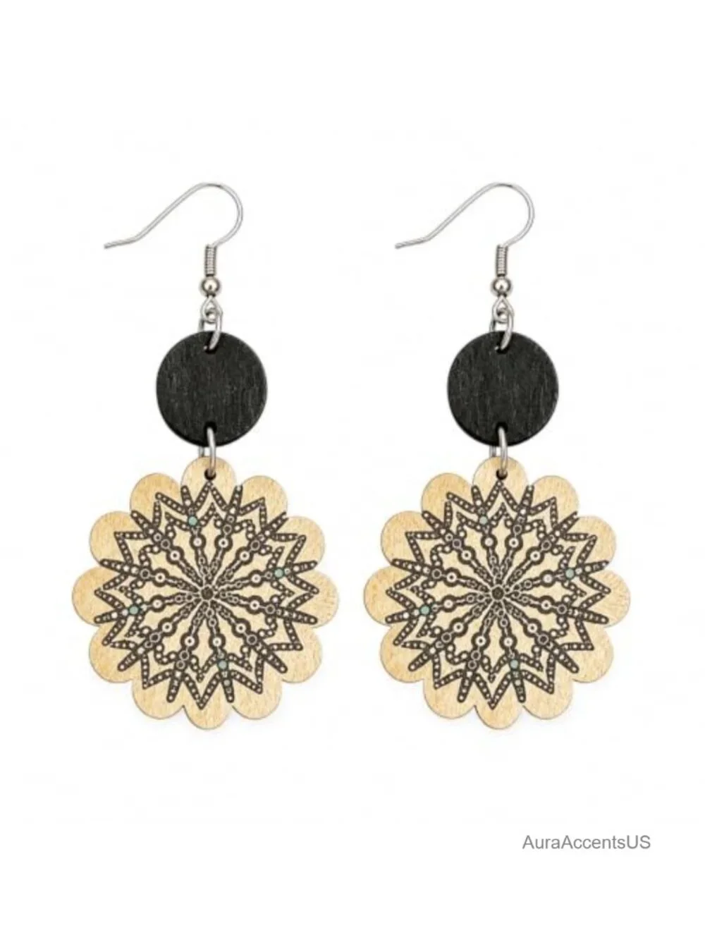 Vintage Bohemian Wooden Floral Drop Dangle Earrings Lightweight Statement